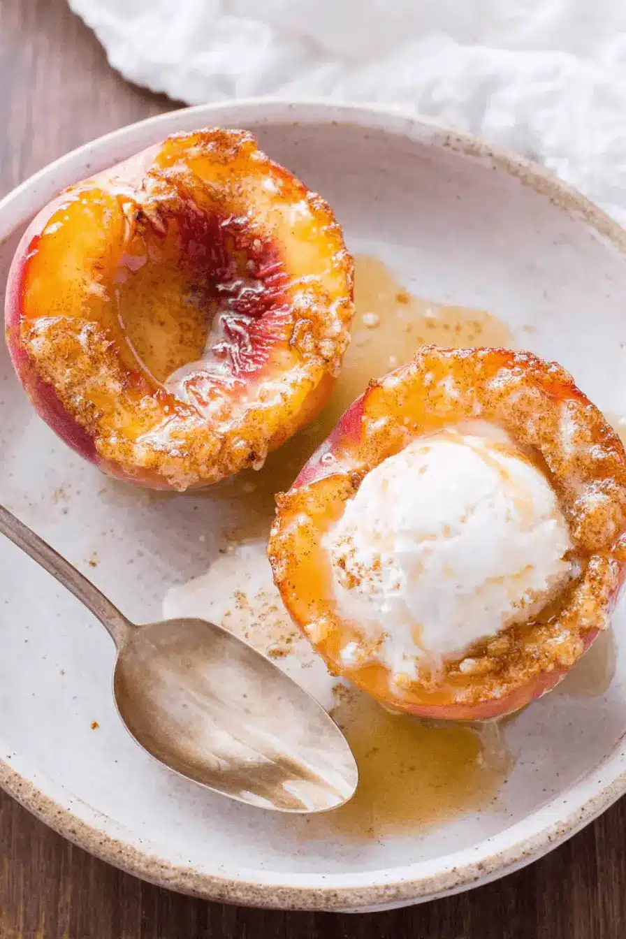 Amazing Baked Peaches: Quick & Easy Dessert 2 Delicious baked peaches with caramelized edges and melting ice cream in a rustic bowl.