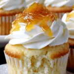Amazing Honey Peach Cream Cheese Cupcakes 5 Close-up of a partially eaten Honey Peach Cream Cheese Cupcake, adorned with creamy white frosting and glistening peach jam.