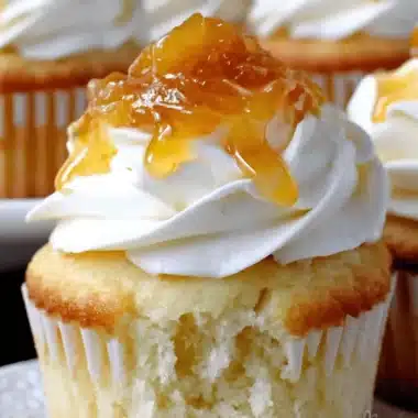 Amazing Honey Peach Cream Cheese Cupcakes 4 Close-up of a partially eaten Honey Peach Cream Cheese Cupcake, adorned with creamy white frosting and glistening peach jam.