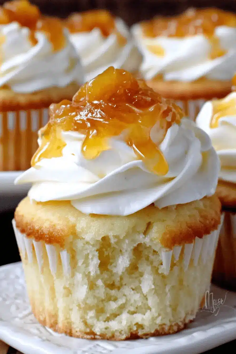 Amazing Honey Peach Cream Cheese Cupcakes 2 Close-up of a partially eaten Honey Peach Cream Cheese Cupcake, adorned with creamy white frosting and glistening peach jam.