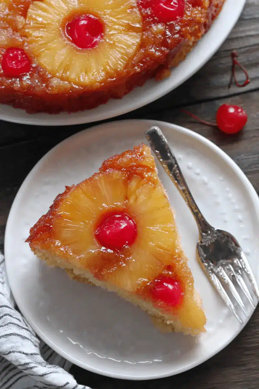Ultimate Pineapple Upside Down Cake with Box Cake 2 Close-up of a delicious slice of pineapple upside down cake with box cake, featuring caramelized pineapple and maraschino cherries on a white plate with a fork.