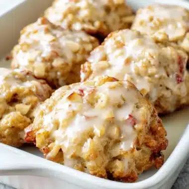Ultimate Foolproof Baked Apple Fritters 3 Golden-brown glazed Baked Apple Fritters in a white baking dish, surrounded by fresh red apples and cinnamon sticks.