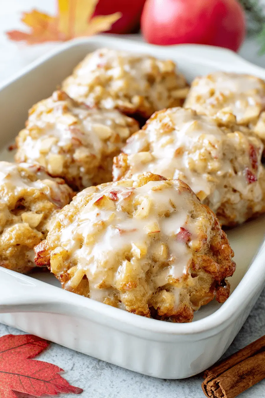 Ultimate Foolproof Baked Apple Fritters 2 Golden-brown glazed Baked Apple Fritters in a white baking dish, surrounded by fresh red apples and cinnamon sticks.