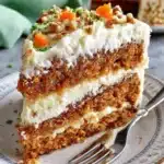 Amazing Carrot Cake Bars with Cream Cheese Frosting 9 Close-up of a rich carrot cake slice generously topped with creamy cream cheese frosting, nuts, and candied carrots, embodying the deliciousness of carrot cake bars with cream cheese frosting.