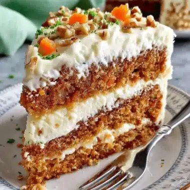 Amazing Carrot Cake Bars with Cream Cheese Frosting 3 Close-up of a rich carrot cake slice generously topped with creamy cream cheese frosting, nuts, and candied carrots, embodying the deliciousness of carrot cake bars with cream cheese frosting.