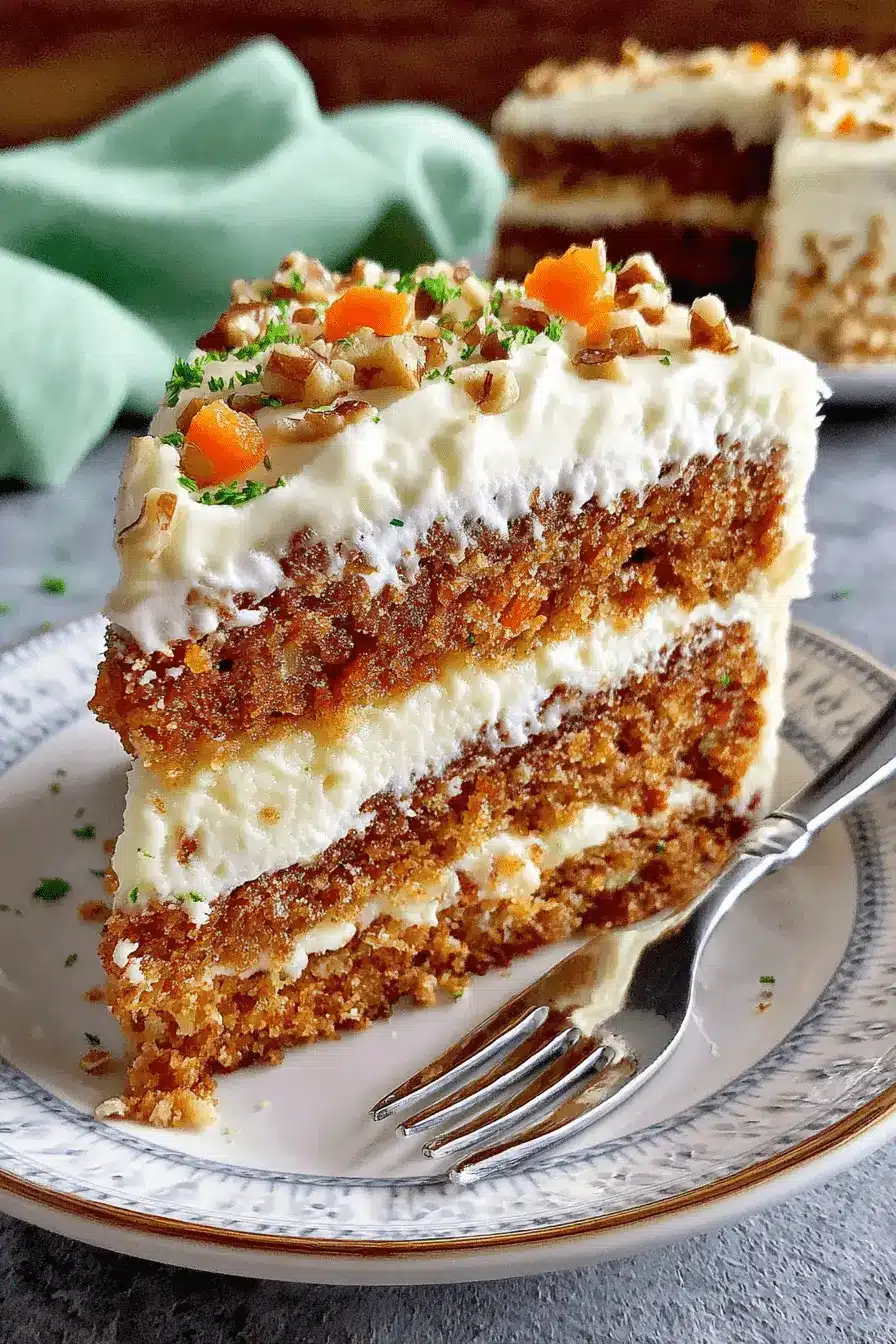 Amazing Carrot Cake Bars with Cream Cheese Frosting 2 Close-up of a rich carrot cake slice generously topped with creamy cream cheese frosting, nuts, and candied carrots, embodying the deliciousness of carrot cake bars with cream cheese frosting.