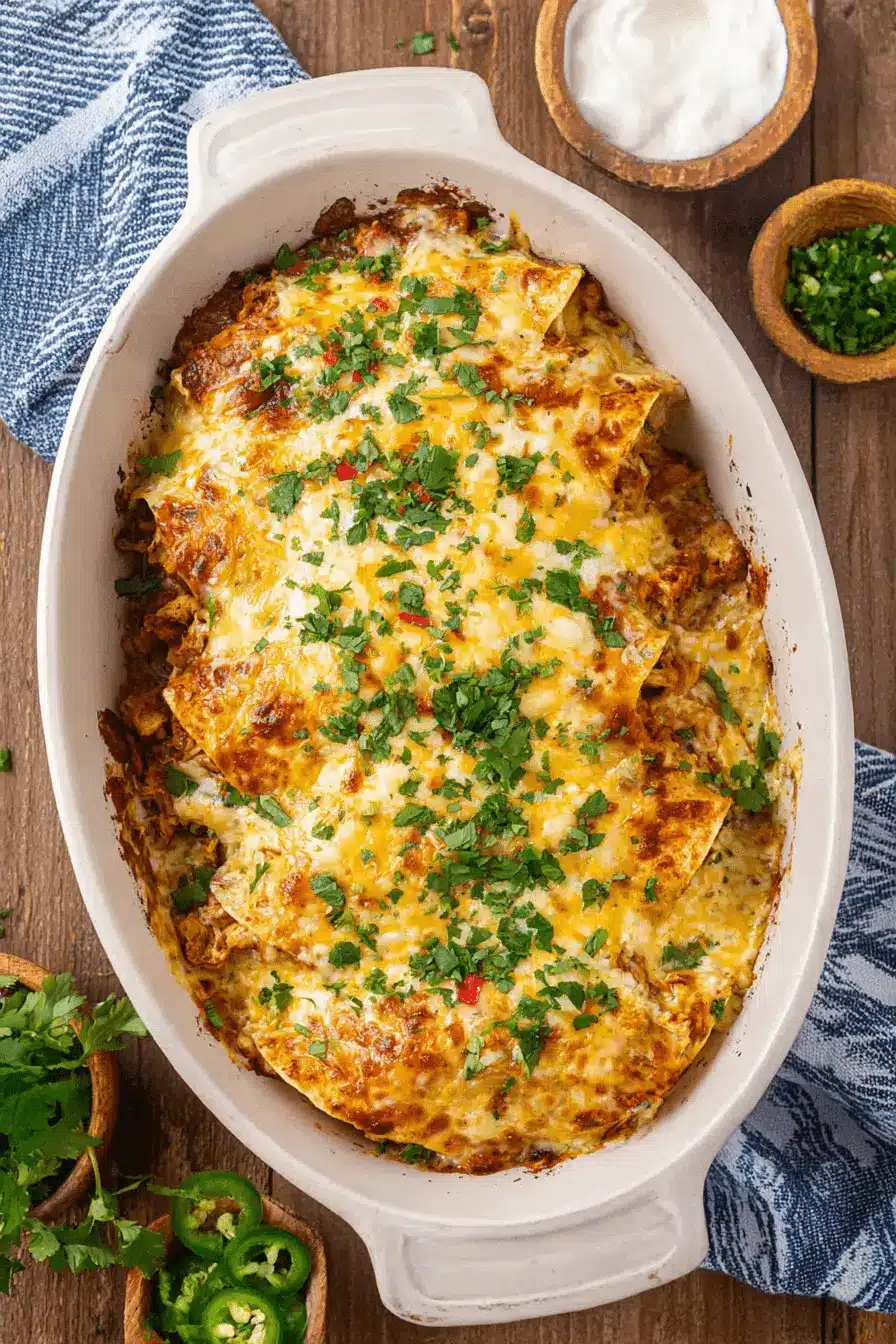 Easy Baked Chicken Tacos: Weeknight Victory! 2 Golden-brown baked enchiladas with melted cheese and fresh cilantro, a flavorful dish that offers a delicious alternative to Baked Chicken Tacos.