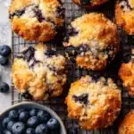 Ultimate Bakery Style Blueberry Muffins 8 Freshly baked bakery style blueberry muffins with a crumbly streusel topping, presented on a cooling rack.