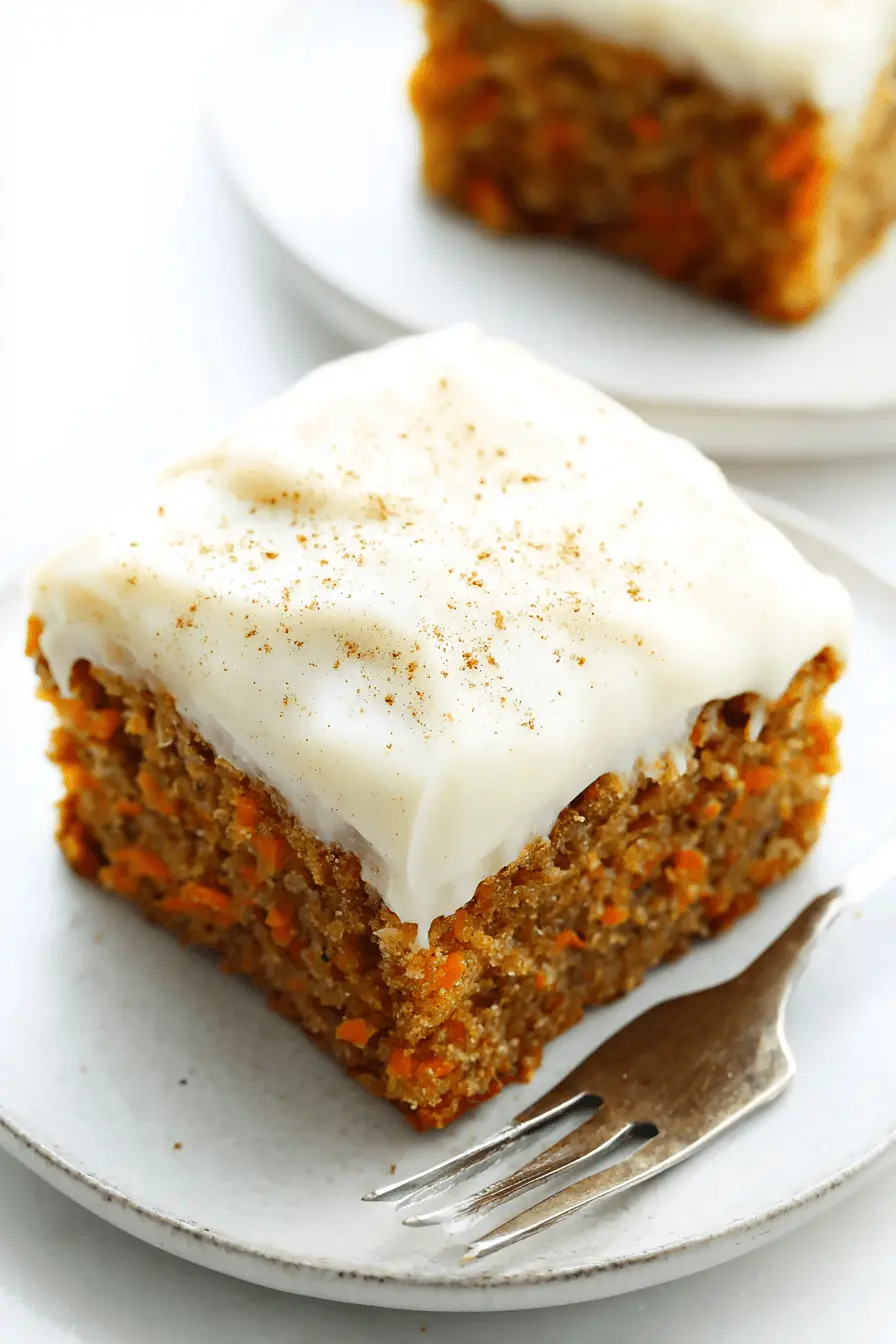 Wonderful Foolproof Carrot Cake Bars 2 Delicious square slice of moist Carrot Cake Bars with creamy white frosting and a spice dusting, served on a gray plate.