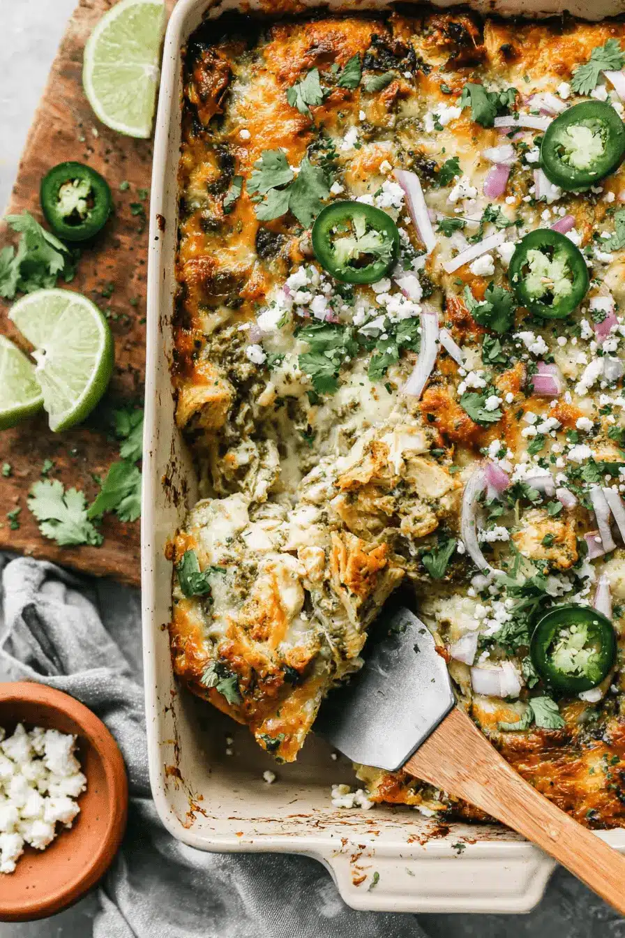 The Ultimate Salsa Verde Chicken Casserole 2 A creamy, cheesy salsa verde chicken casserole, fresh from the oven, garnished with jalapeños, red onion, and cilantro, with a serving being lifted by a spatula.