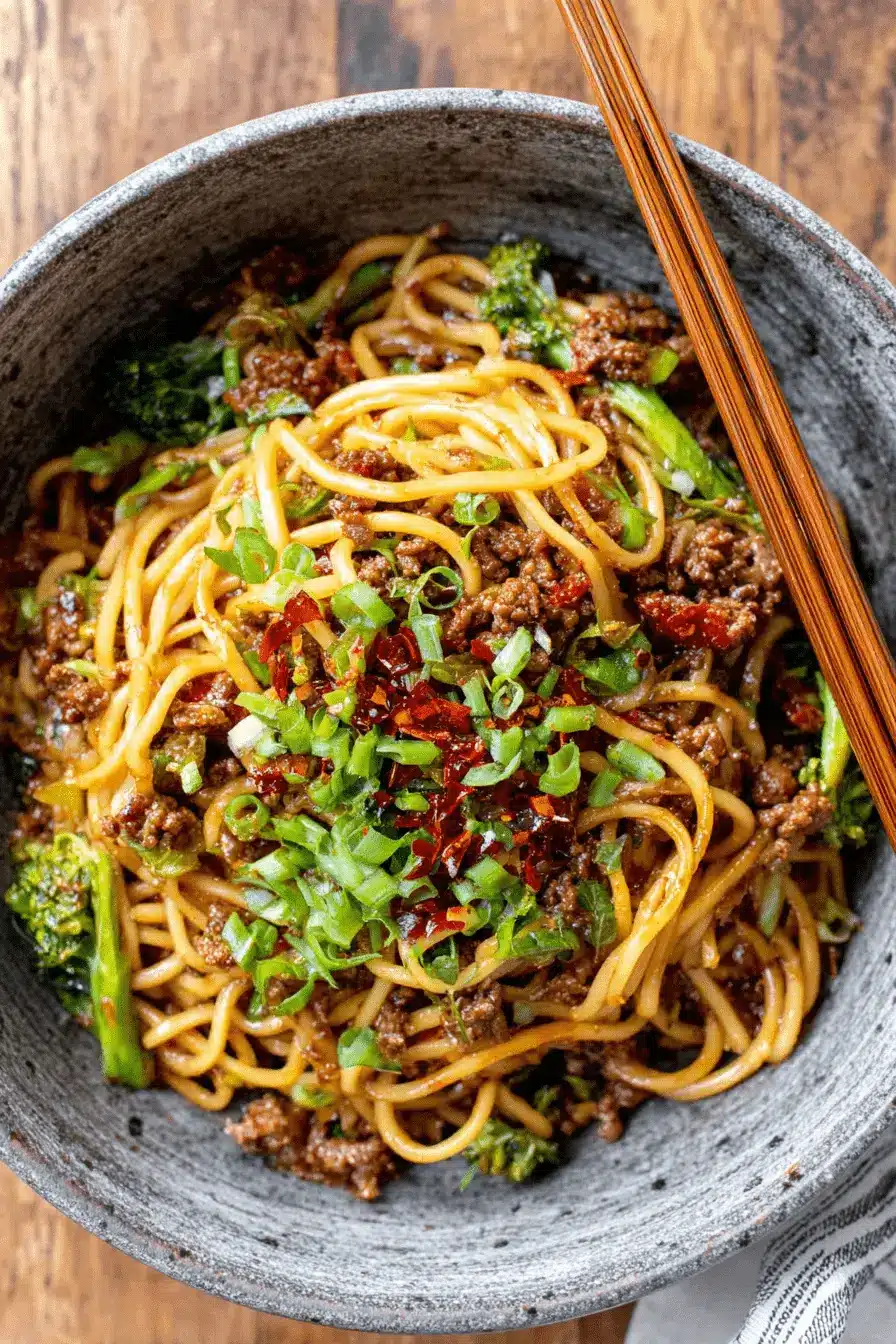 Fantastic Sticky Beef Noodles in Under 30 Minutes 2 Close-up of delicious sticky beef noodles with broccoli and green onions in a rustic bowl.