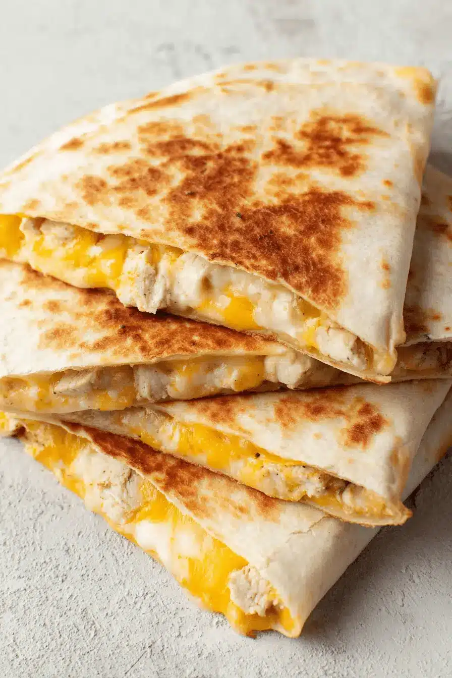 The Ultimate Taco Bell Chicken Quesadilla 2 Close-up of golden brown Taco Bell Chicken Quesadilla wedges, generously filled with shredded chicken and melted cheese.
