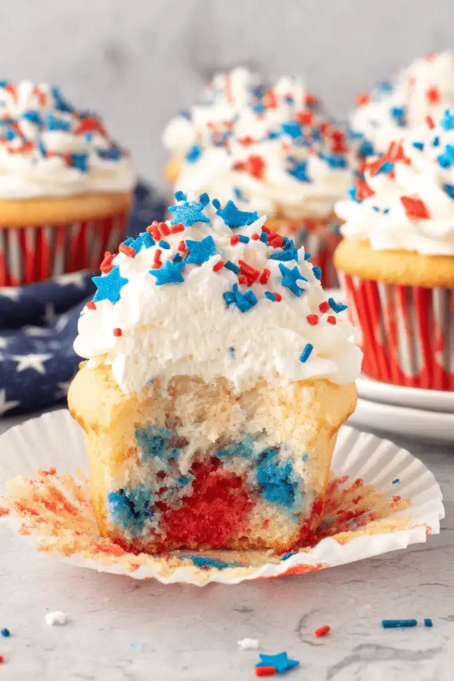 Amazing 4th of July Cupcakes: Easy & Patriotic 2 Close-up of a partially eaten 4th of July cupcake with red and blue marbled cake, white frosting, and patriotic star sprinkles, surrounded by other festive 4th of July cupcakes.