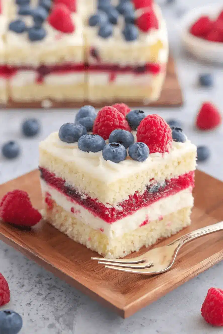 Remarkable American Flag Cake: Stress-Free & Stunning 2 A vibrant slice of American Flag Cake with layers of white cake, red berry filling, and white cream, topped with fresh blueberries and raspberries, served on a wooden plate.