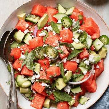 Wonderful Watermelon Salad with Feta Recipe 4 Vibrant Watermelon Salad with Feta, featuring diced watermelon, cucumber, avocado, red onion, mint, and jalapeños in a rustic ceramic bowl.