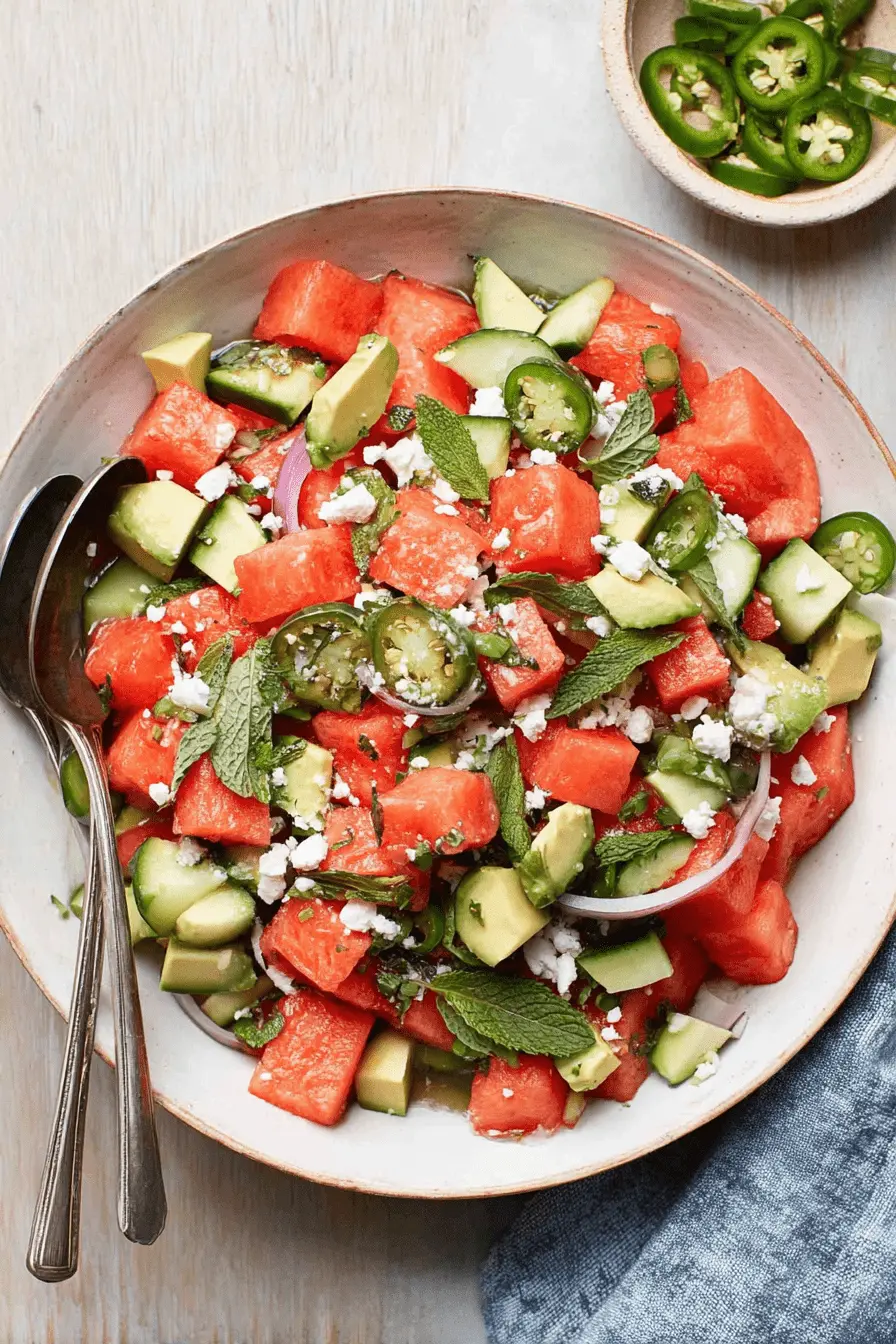 Wonderful Watermelon Salad with Feta Recipe 2 Vibrant Watermelon Salad with Feta, featuring diced watermelon, cucumber, avocado, red onion, mint, and jalapeños in a rustic ceramic bowl.
