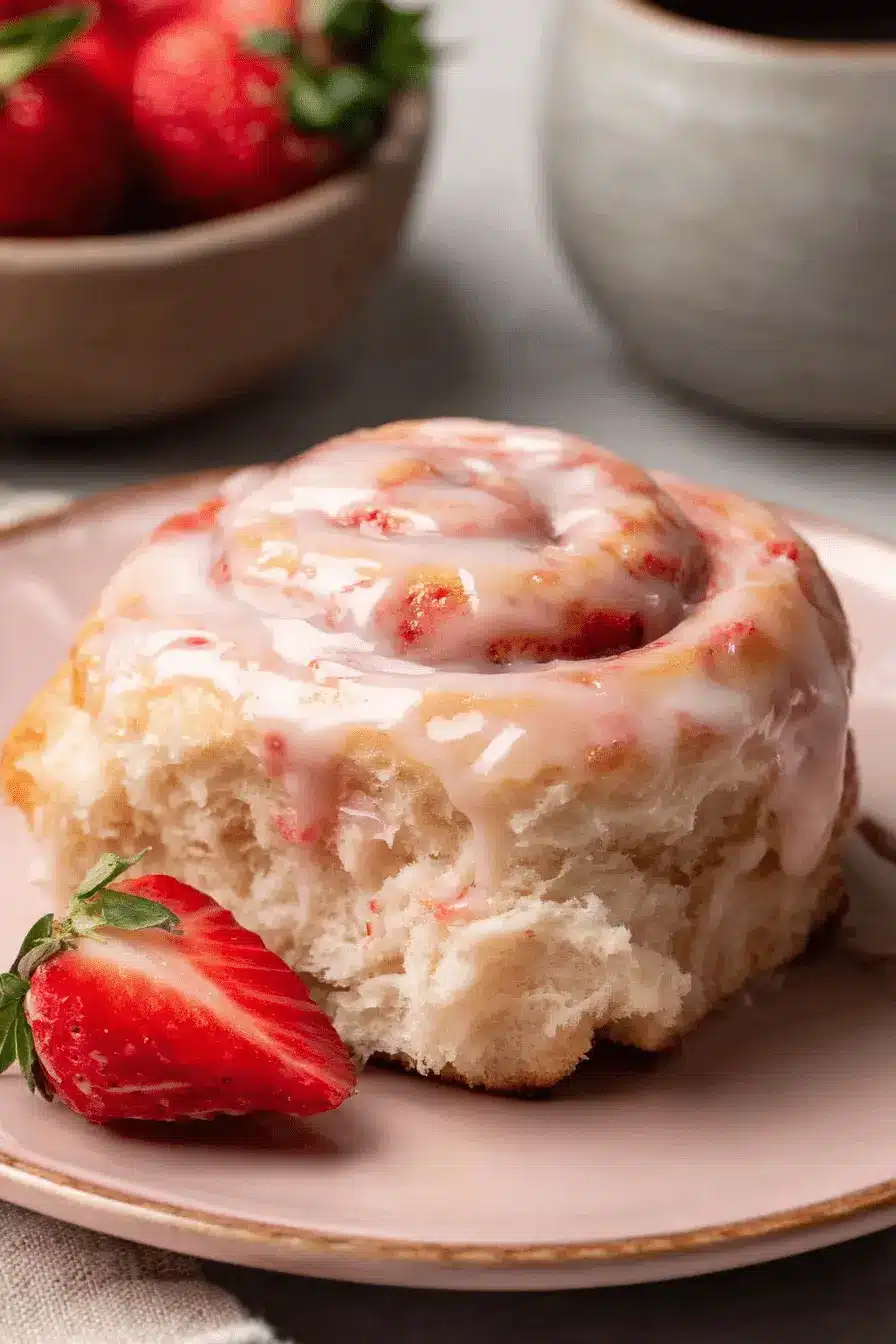 Wonderful, Easy Strawberry Sweet Rolls 2 A single Strawberry Sweet Roll on a pink plate, drizzled with pink glaze, with a halved strawberry beside it and whole strawberries in the background.