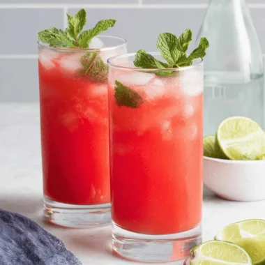 Vibrant Watermelon Juice: Quick & Easy Recipe 4 Two tall glasses of vibrant red watermelon juice with ice and mint sprigs on a white countertop, with lime wedges and a blue napkin.