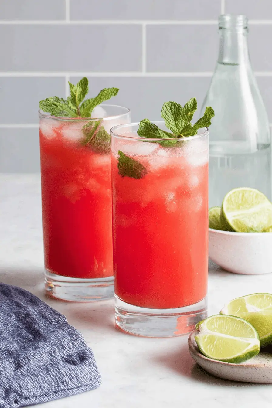 Vibrant Watermelon Juice: Quick & Easy Recipe 2 Two tall glasses of vibrant red watermelon juice with ice and mint sprigs on a white countertop, with lime wedges and a blue napkin.