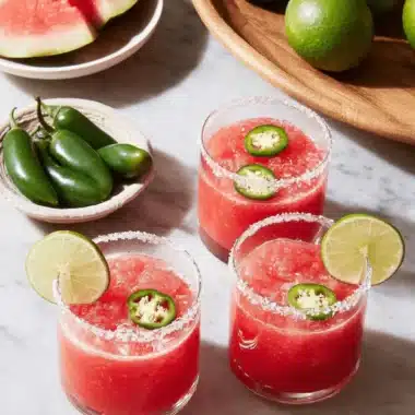 Amazing Watermelon Margarita: Quick & Easy Recipe 3 Three vibrant watermelon margaritas garnished with jalapeño and lime on a marble surface.