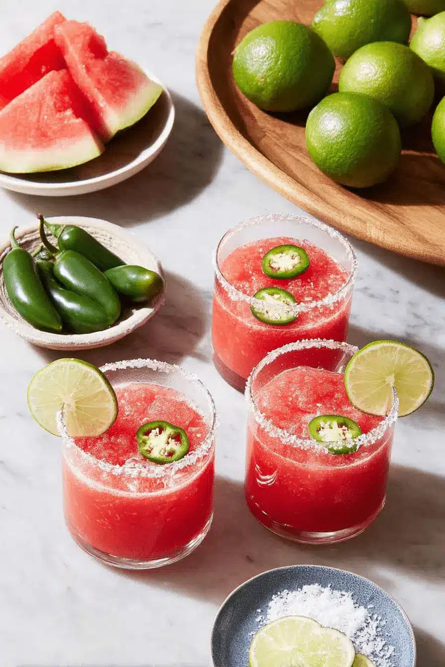 Amazing Watermelon Margarita: Quick & Easy Recipe 2 Three vibrant watermelon margaritas garnished with jalapeño and lime on a marble surface.
