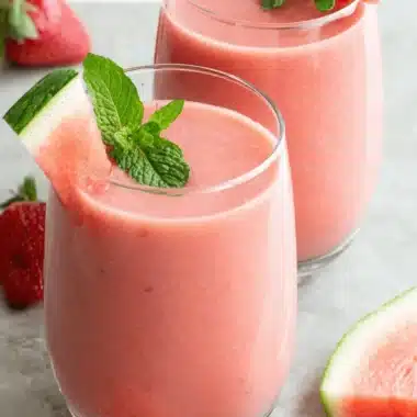 Ultimate Watermelon Smoothie: Quick & Easy 3 Vibrant pink watermelon smoothie in a clear glass, garnished with mint and fresh watermelon slices, surrounded by ripe strawberries.