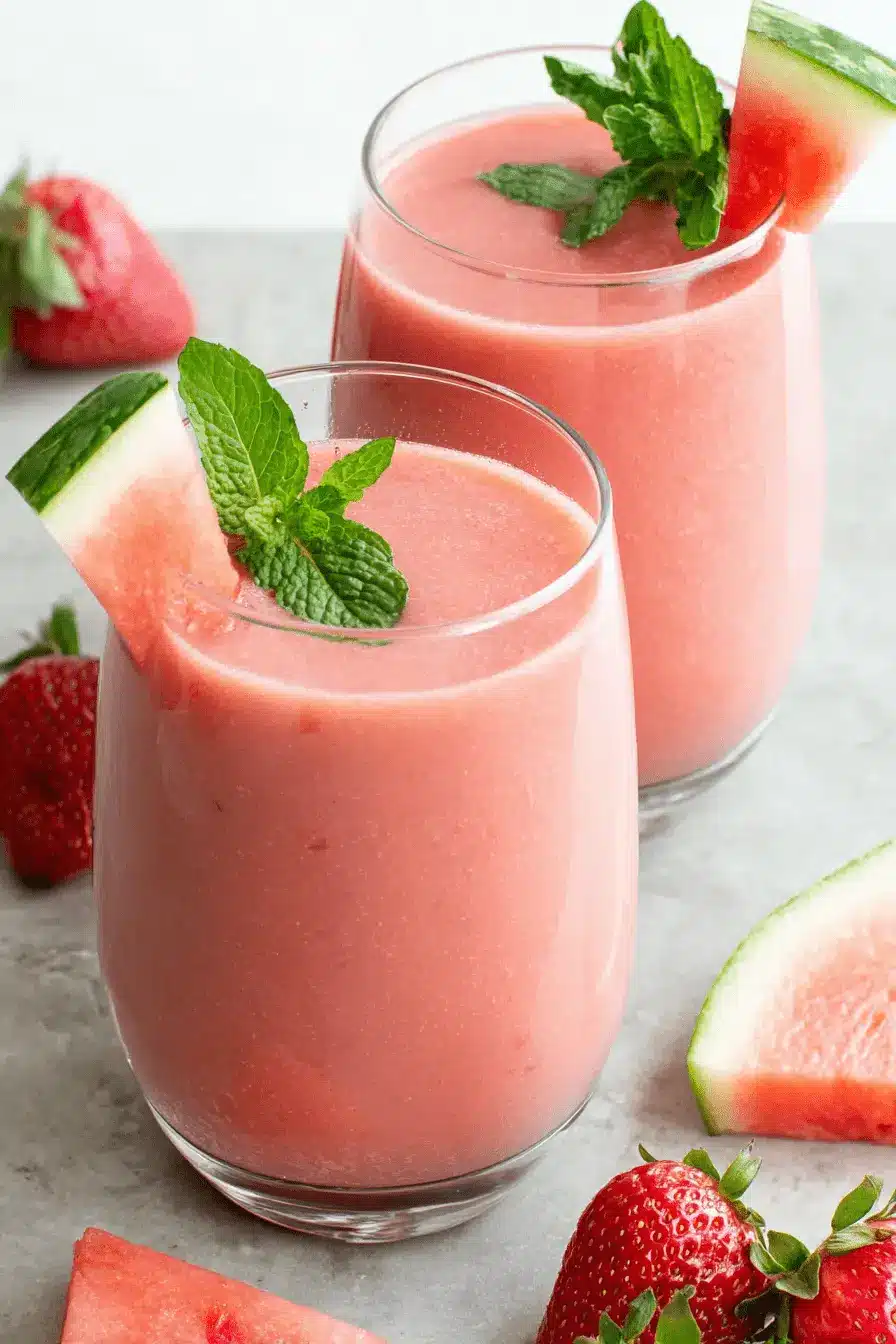 Ultimate Watermelon Smoothie: Quick & Easy 2 Vibrant pink watermelon smoothie in a clear glass, garnished with mint and fresh watermelon slices, surrounded by ripe strawberries.