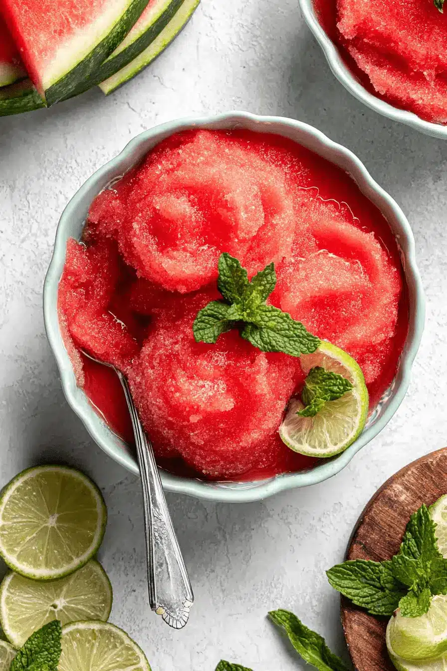 Ultimate Watermelon Sorbet: Easy 5-Minute Treat 2 Vibrant watermelon sorbet in a blue bowl, garnished with fresh mint and lime, with watermelon slices and additional garnishes on a wooden board.