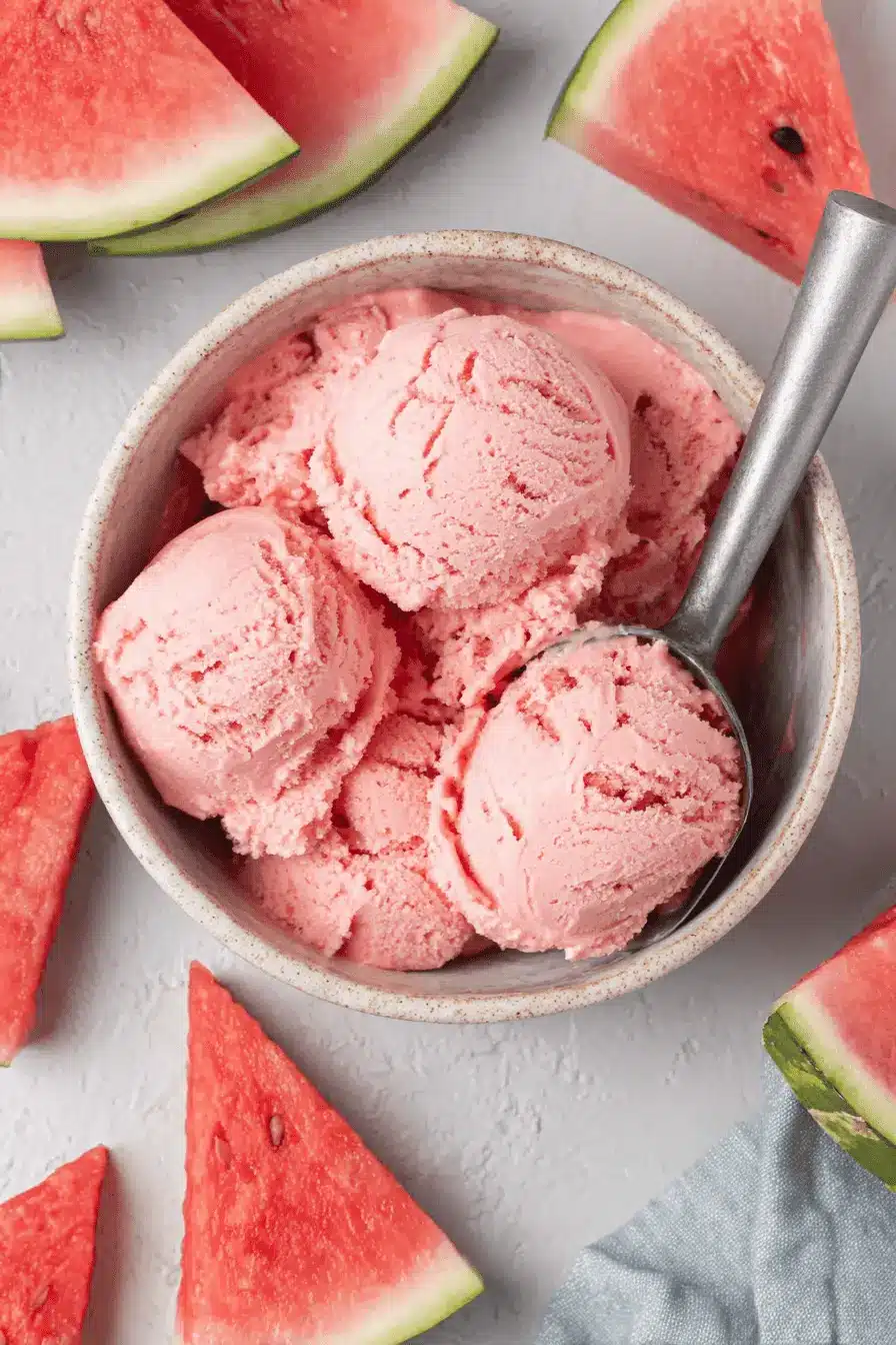 Amazing Watermelon Ice Cream: Your Summer Dream 2 Top-down view of a speckled ceramic bowl filled with scoops of pink watermelon ice cream, an ice cream scoop, and fresh watermelon slices on a light gray surface.