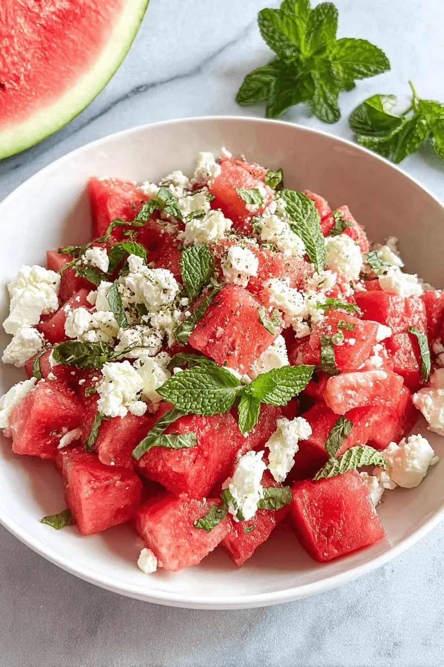 Vibrant Watermelon Feta Mint Salad Recipe 2 A refreshing watermelon feta mint salad in a white bowl, featuring cubed watermelon, crumbled feta, and fresh mint leaves, garnished with black pepper.