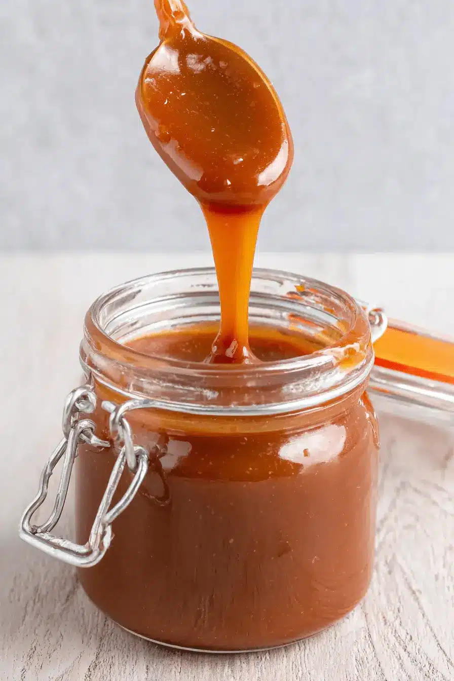 The Ultimate Foolproof Miso Caramel Sauce 2 Close-up of glossy miso caramel sauce dripping from a spoon into a rustic glass jar.
