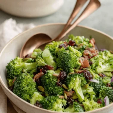 Foolproof Crunchy Broccoli Salad: Amazing & Quick 4 Overhead view of a vibrant, creamy crunchy broccoli salad with bacon, cranberries, pumpkin seeds, and red onion, served in a ceramic bowl with copper utensils.