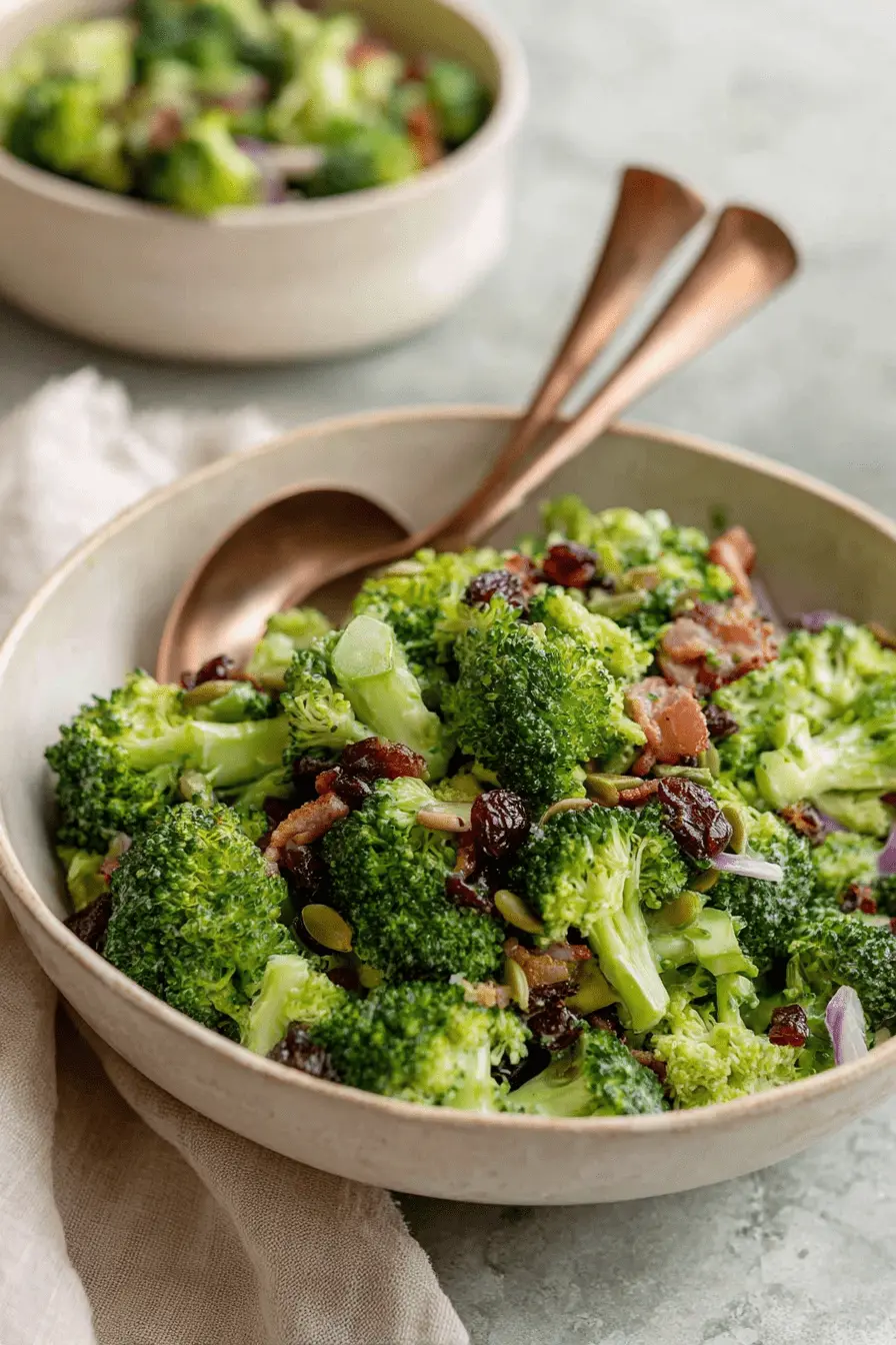 Foolproof Crunchy Broccoli Salad: Amazing & Quick 2 Overhead view of a vibrant, creamy crunchy broccoli salad with bacon, cranberries, pumpkin seeds, and red onion, served in a ceramic bowl with copper utensils.