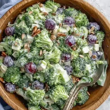 Ultimate Creamy Broccoli Salad with Grapes 3 Close-up of a vibrant broccoli salad with grapes, creamy dressing, pecans, and cheese in a rustic wooden bowl.