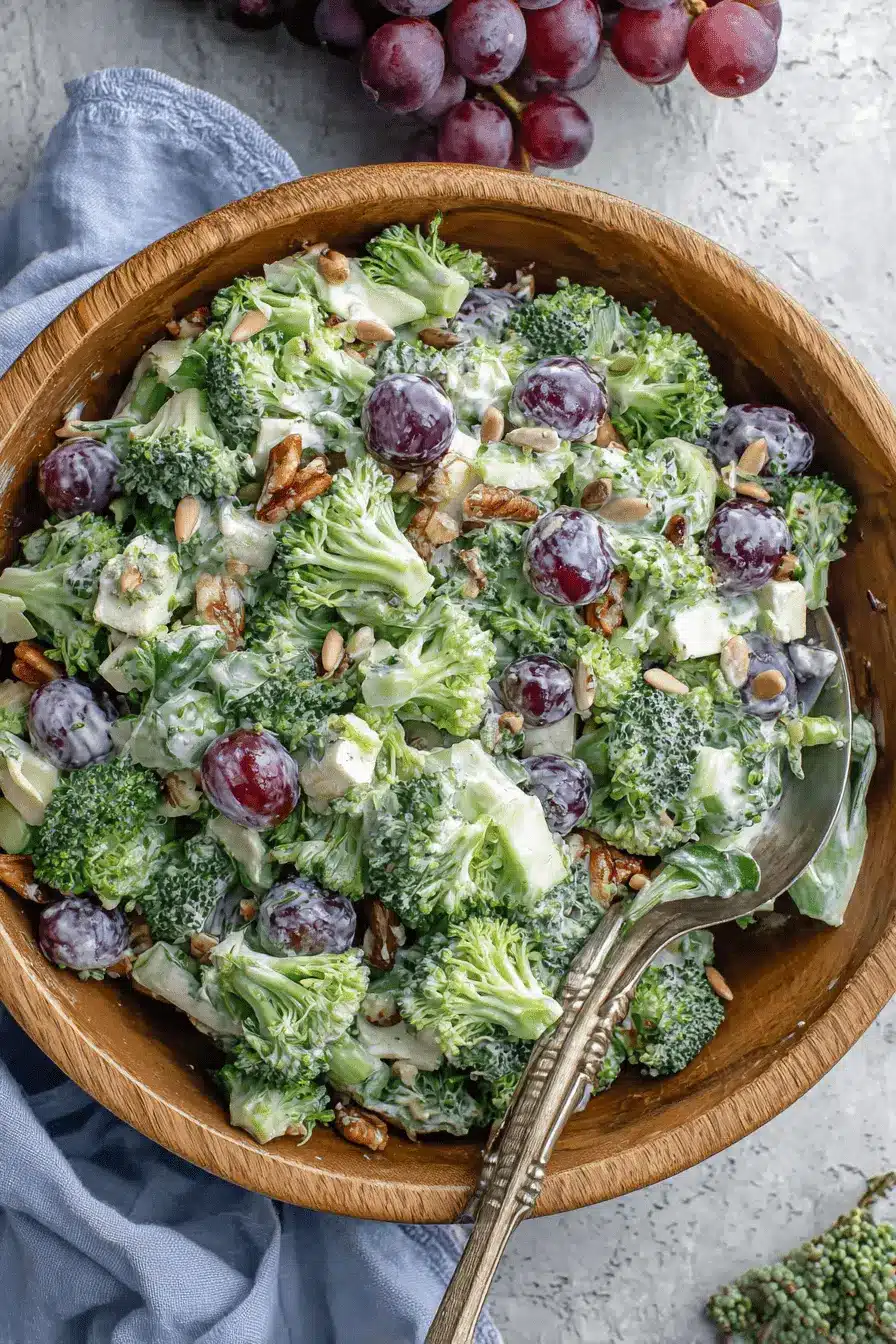 Ultimate Creamy Broccoli Salad with Grapes 2 Close-up of a vibrant broccoli salad with grapes, creamy dressing, pecans, and cheese in a rustic wooden bowl.