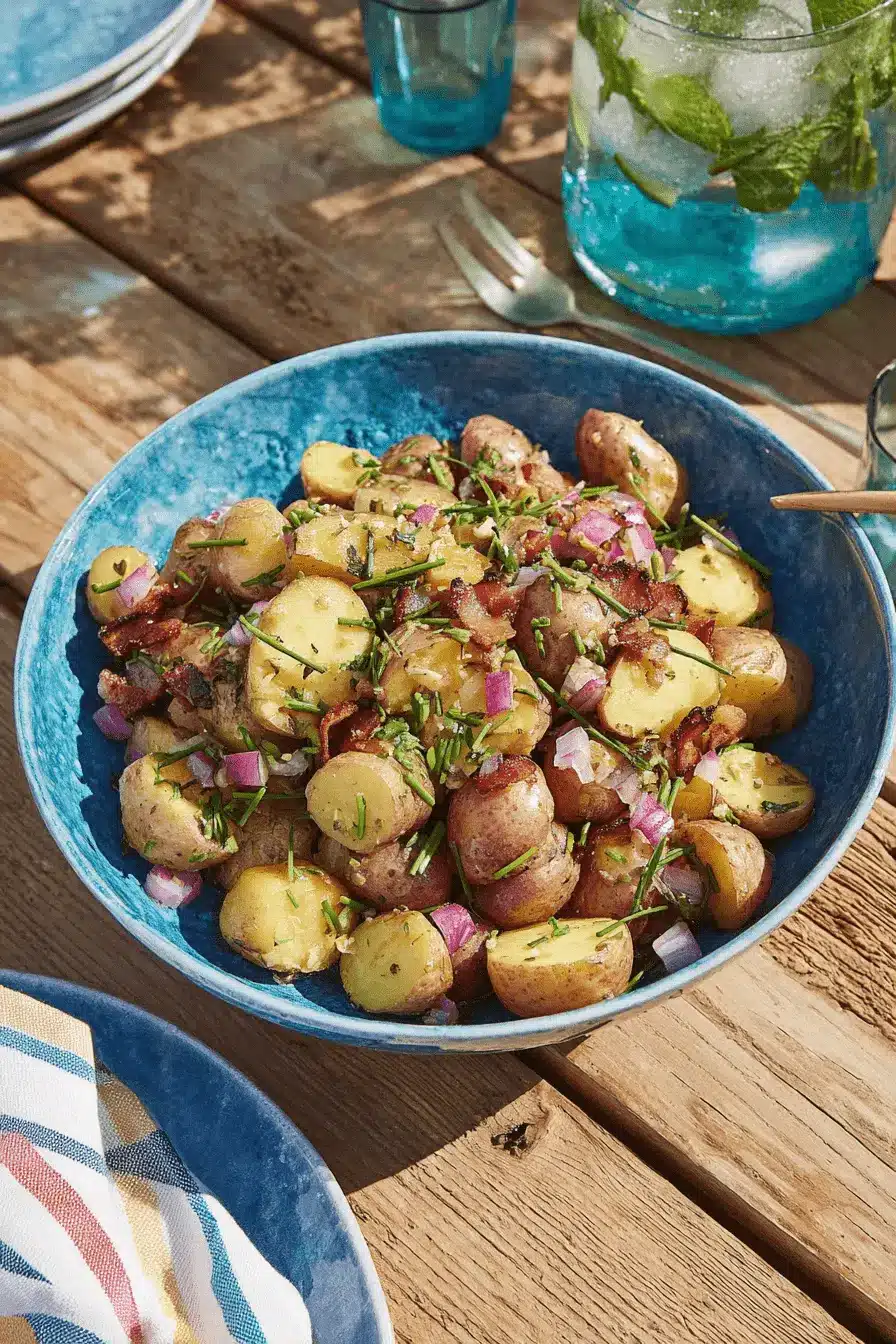 Ultimate Warm German Potato Salad Recipe 2 Close-up of rustic German potato salad with bacon, red onion, and chives in a blue bowl.