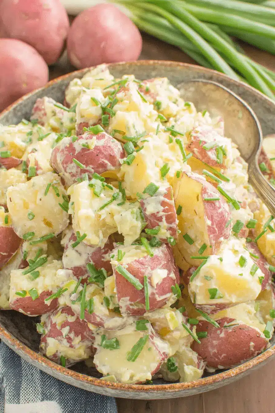 Amazing Easy Red Potato Salad Recipe 2 Close-up, overhead shot of a bowl brimming with creamy red potato salad, garnished with fresh green onions and ready to serve.