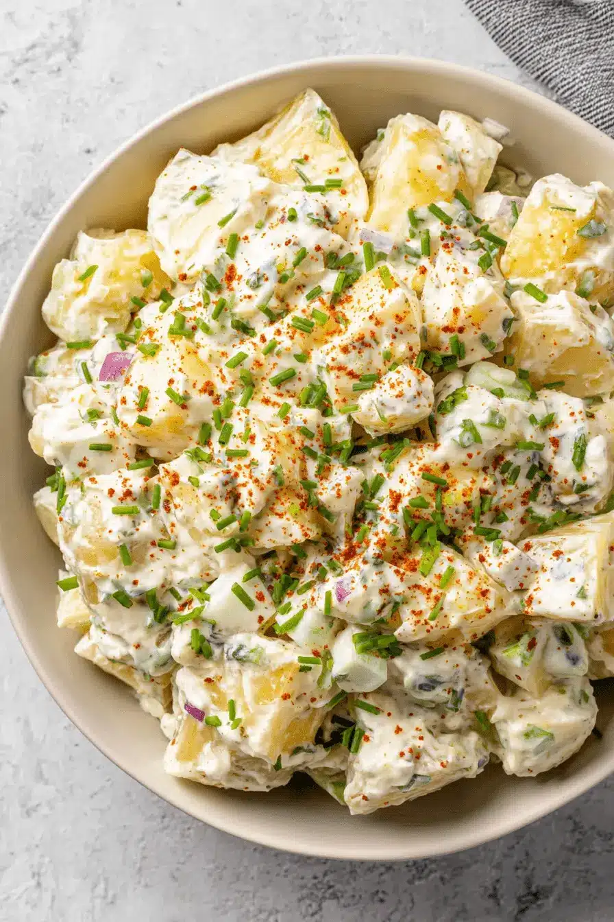 Foolproof Creamy Potato Salad with Egg 2 Creamy, homemade potato salad with egg, garnished with fresh chives and paprika in a light bowl.