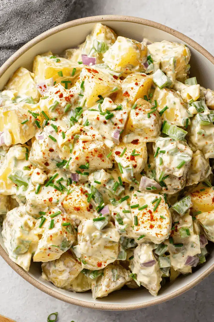 The Ultimate Potato Salad with Egg: Foolproof Recipe 2 Close-up of creamy potato salad with egg, garnished with chives and paprika in a rustic earthenware bowl.