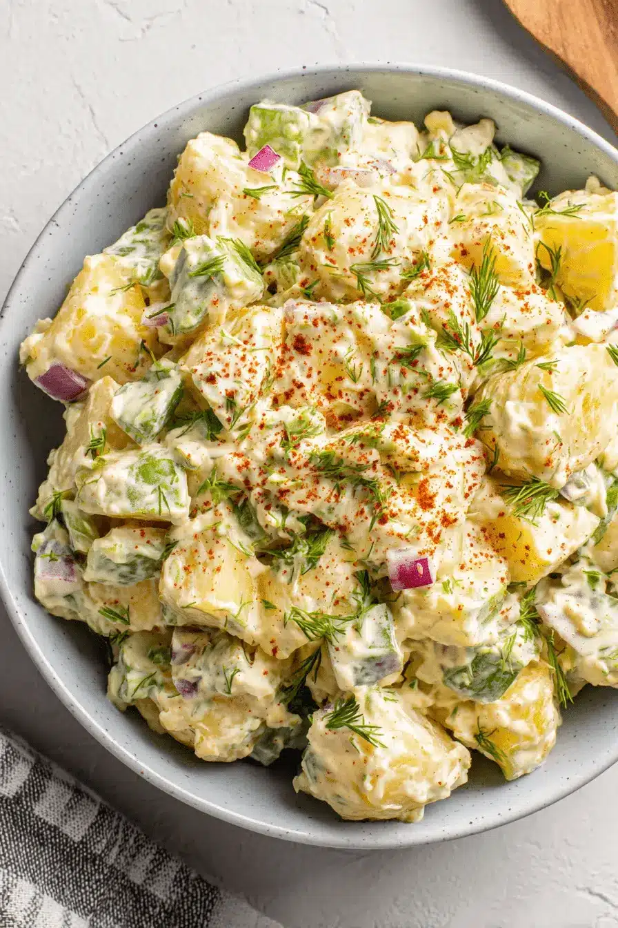 Amazing Potato Salad with Egg: A Creamy Classic 2 Creamy homemade potato salad with egg, fresh dill, and paprika in a light blue-grey ceramic bowl.