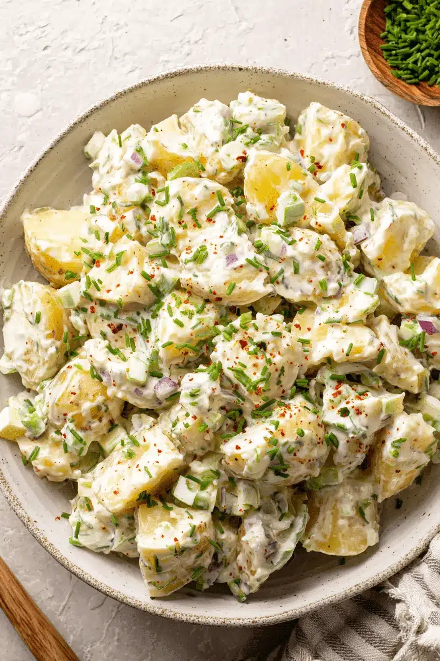 Amazing Potato Salad with Egg Recipe 2 Close-up of a rustic bowl of creamy homemade potato salad with egg, garnished with chives and red pepper flakes.