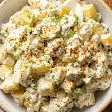 Ultimate Potato Salad with Egg: Creamy & Easy 3 Close-up of creamy homemade potato salad with egg in a rustic ceramic bowl, garnished with paprika and fresh herbs.