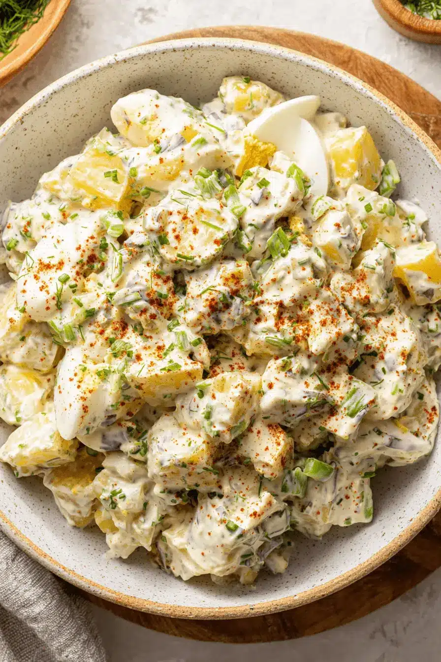 Ultimate Potato Salad with Egg: Creamy & Easy 2 Close-up of creamy homemade potato salad with egg in a rustic ceramic bowl, garnished with paprika and fresh herbs.