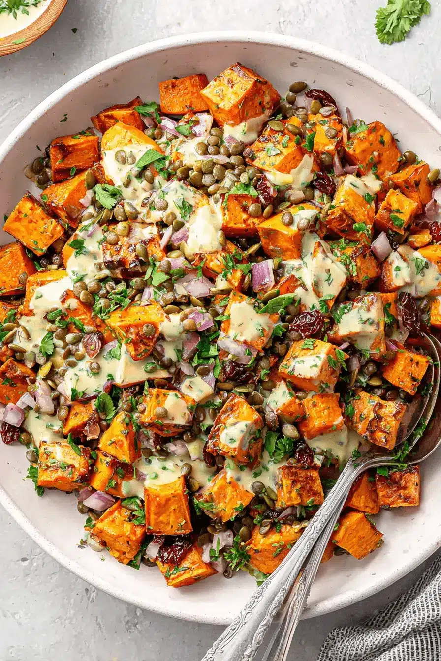 Vibrant Sweet Potato Salad Recipe for Any Meal 2 A vibrant sweet potato salad recipe in a shallow off-white bowl, featuring roasted sweet potatoes, lentils, red onion, dried cranberries, pumpkin seeds, fresh herbs, and a creamy dressing, with silver serving spoons.