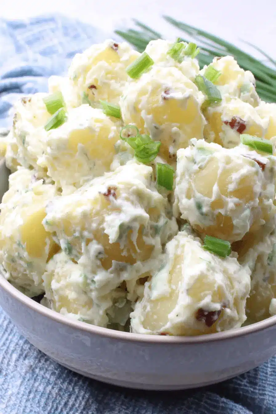 Ultimate Vibrant Greek Potato Salad 2 Close-up of a creamy homemade greek potato salad with green onions and a hint of red onion, served in a bowl on a checkered cloth.