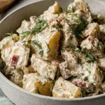 Ultimate Foolproof Vegan Potato Salad 5 Creamy vegan potato salad in a light gray ceramic bowl, garnished with fresh dill and a sprinkle of paprika.