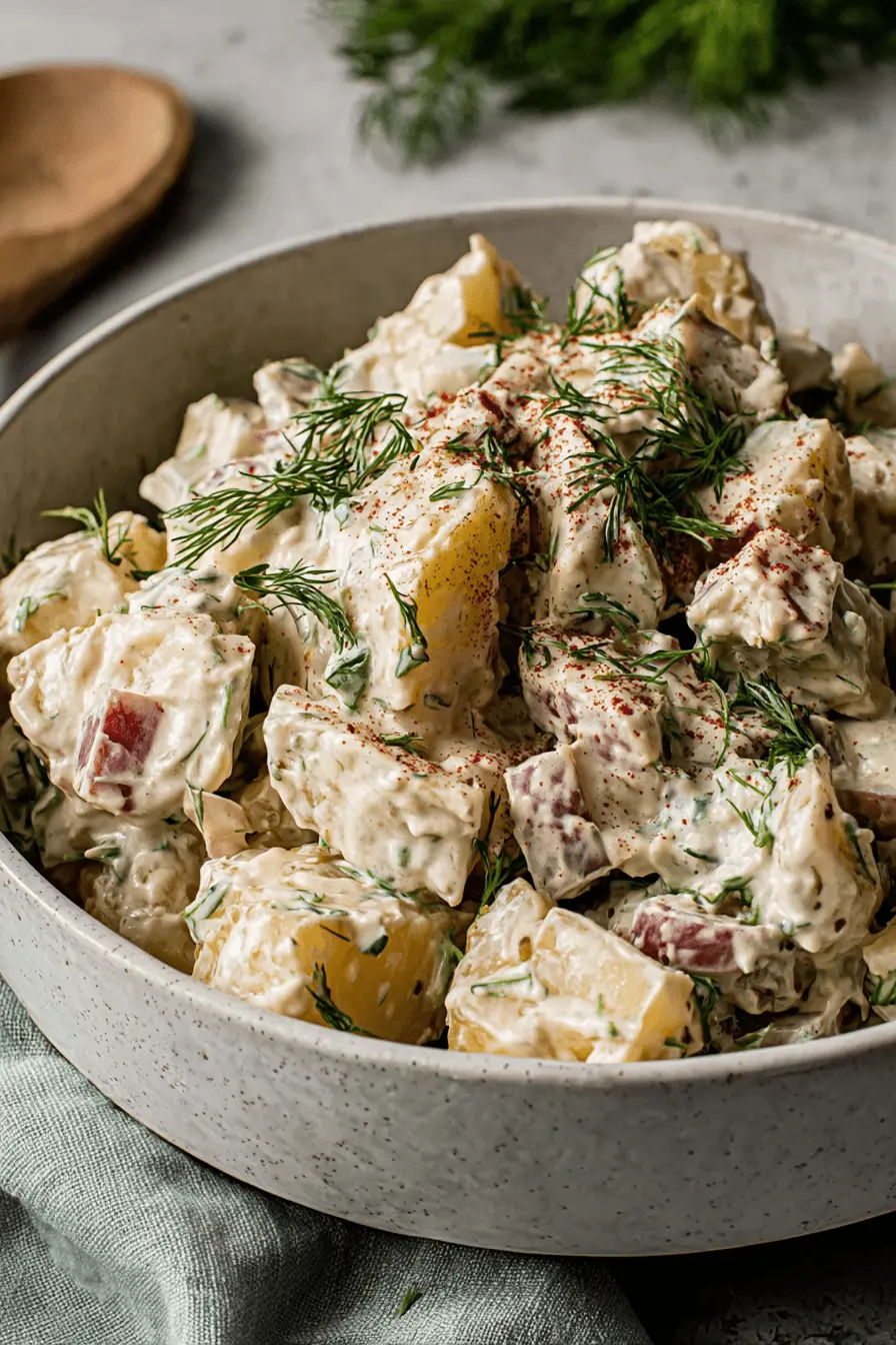 Ultimate Foolproof Vegan Potato Salad 2 Creamy vegan potato salad in a light gray ceramic bowl, garnished with fresh dill and a sprinkle of paprika.