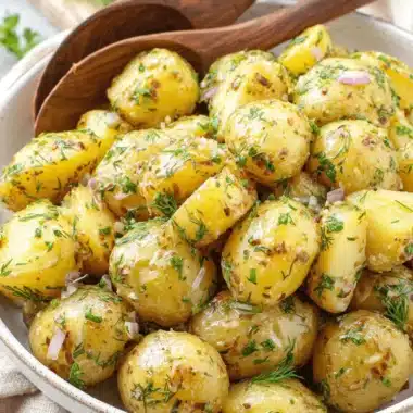 Vibrant French Potato Salad: Quick & Easy Recipe 4 Close-up of rustic French potato salad with waxy potatoes, fresh dill, and red onion in a light bowl with wooden spoons.