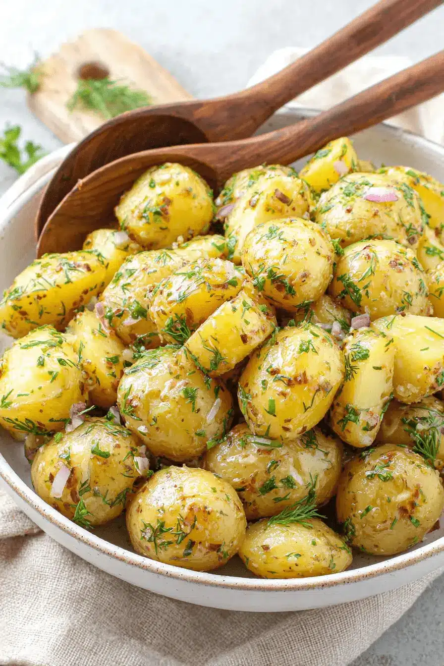 Vibrant French Potato Salad: Quick & Easy Recipe 2 Close-up of rustic French potato salad with waxy potatoes, fresh dill, and red onion in a light bowl with wooden spoons.