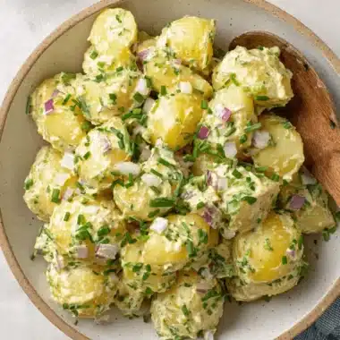 Ultimate Creamy Mustard Potato Salad Guide 4 Overhead view of a hearty mustard potato salad in a rustic bowl, garnished with fresh chives and red onion, ready to be served.